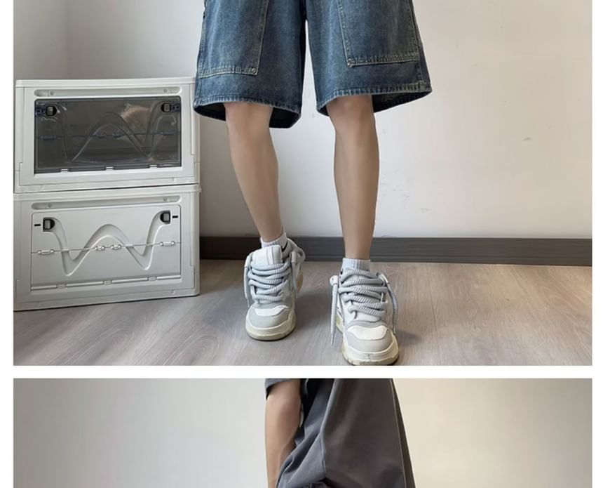 Femilina - Mid Rise Washed Cargo Denim Shorts