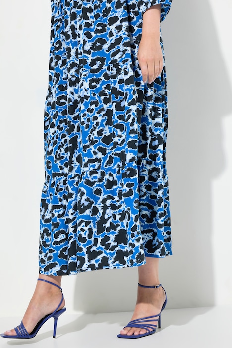 Maxikleid, A-Linie, Leomuster, V-Ausschnitt, 3/4-Ärmel