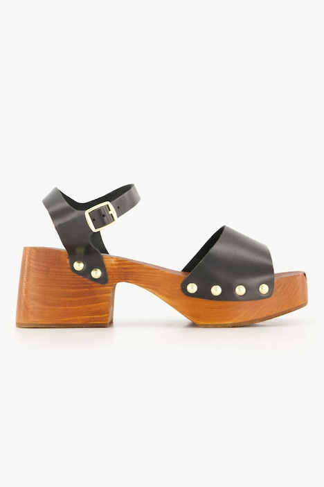 Leder-Clog-Sandaletten, Nieten, Holzsohle, Blockabsatz