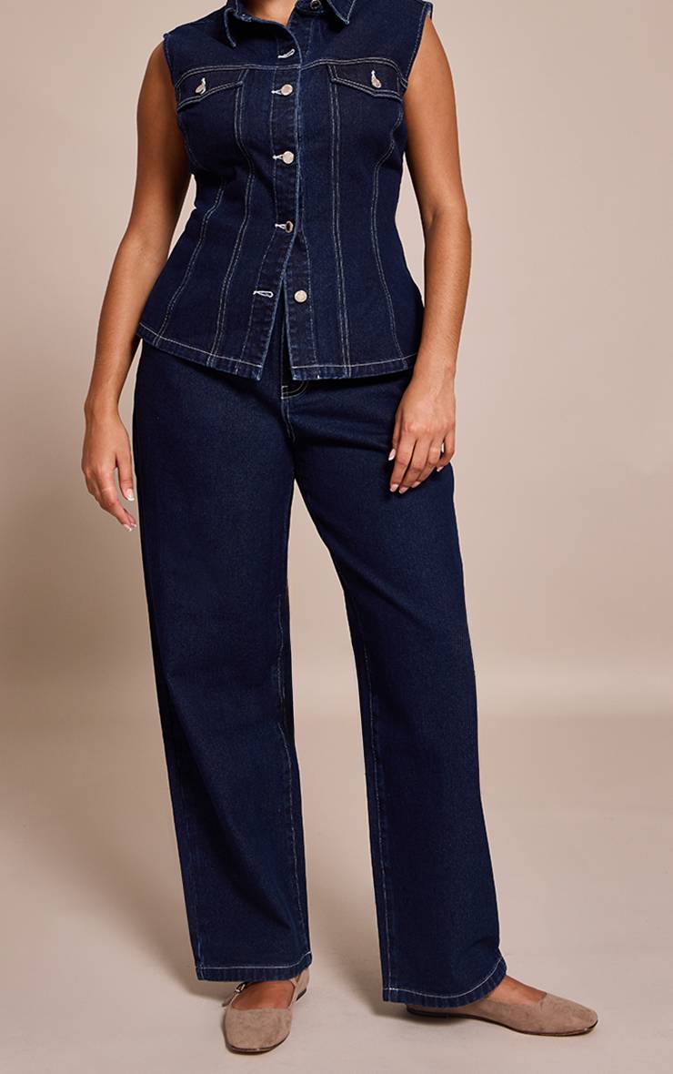Bleu Indigo Jean Grande Taille Taille Mi-haute Coupe Large