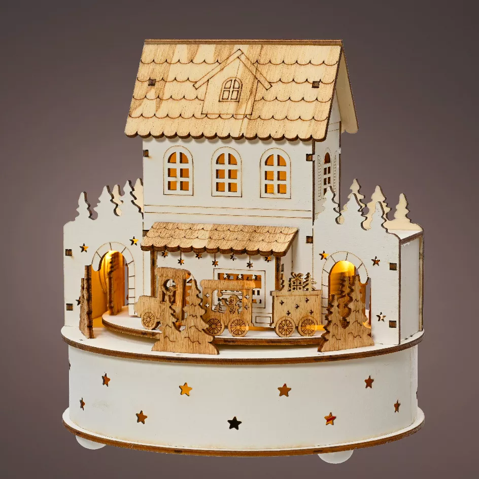 Village de Noël en bois lumineux et musical à piles (H19 cm) Maison de famille