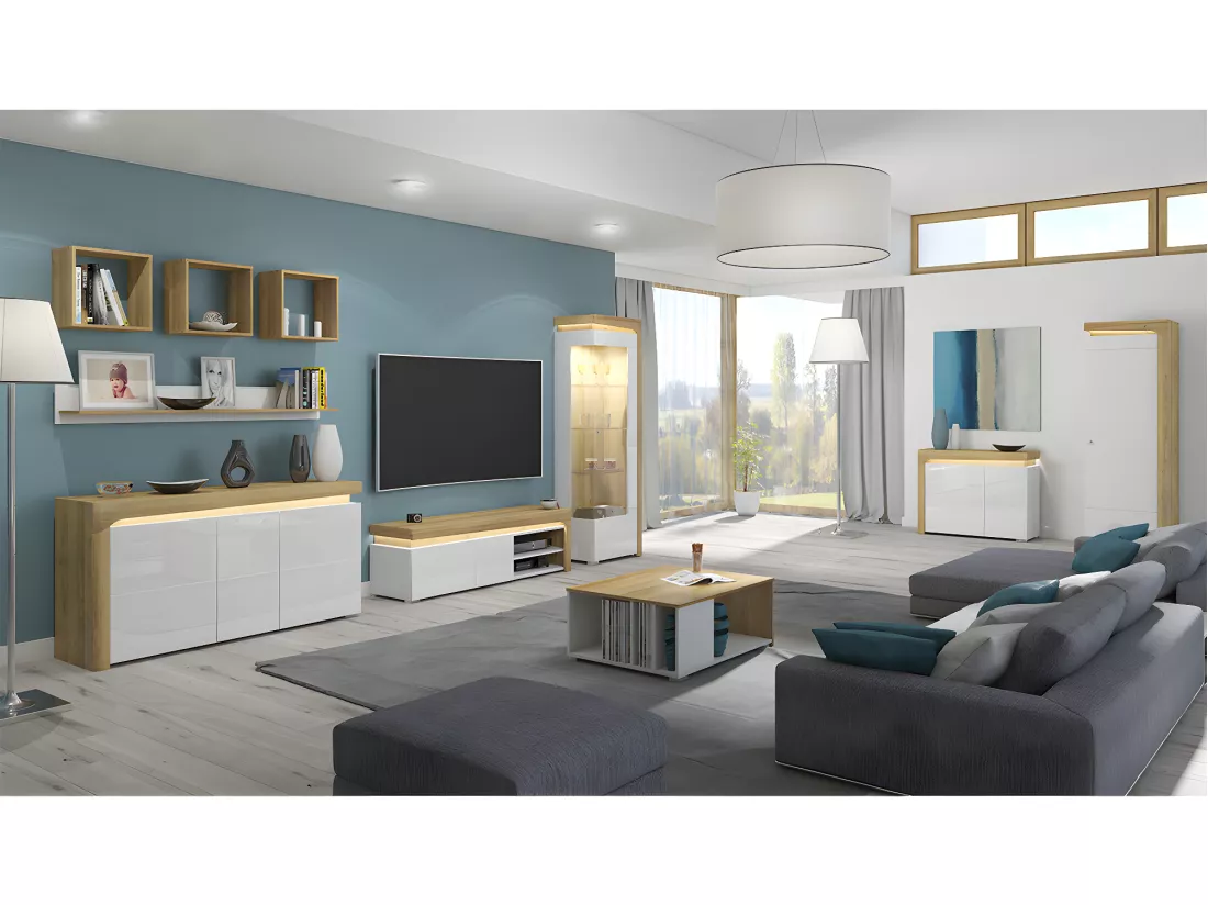 Vitrine 1 porte ouverture droite LED inclus Teo Blanc et Bois