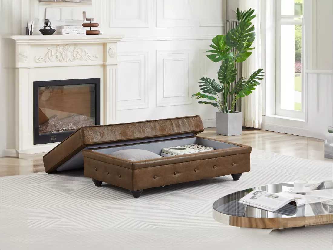 Pouf coffre de rangement en microfibre aspect cuir vieilli CHESTERFIELD