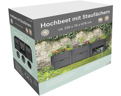 Klassieke verhoogde tuinbak met 3 opbergvakken, 225 x 75 x 78 cm, antraciet