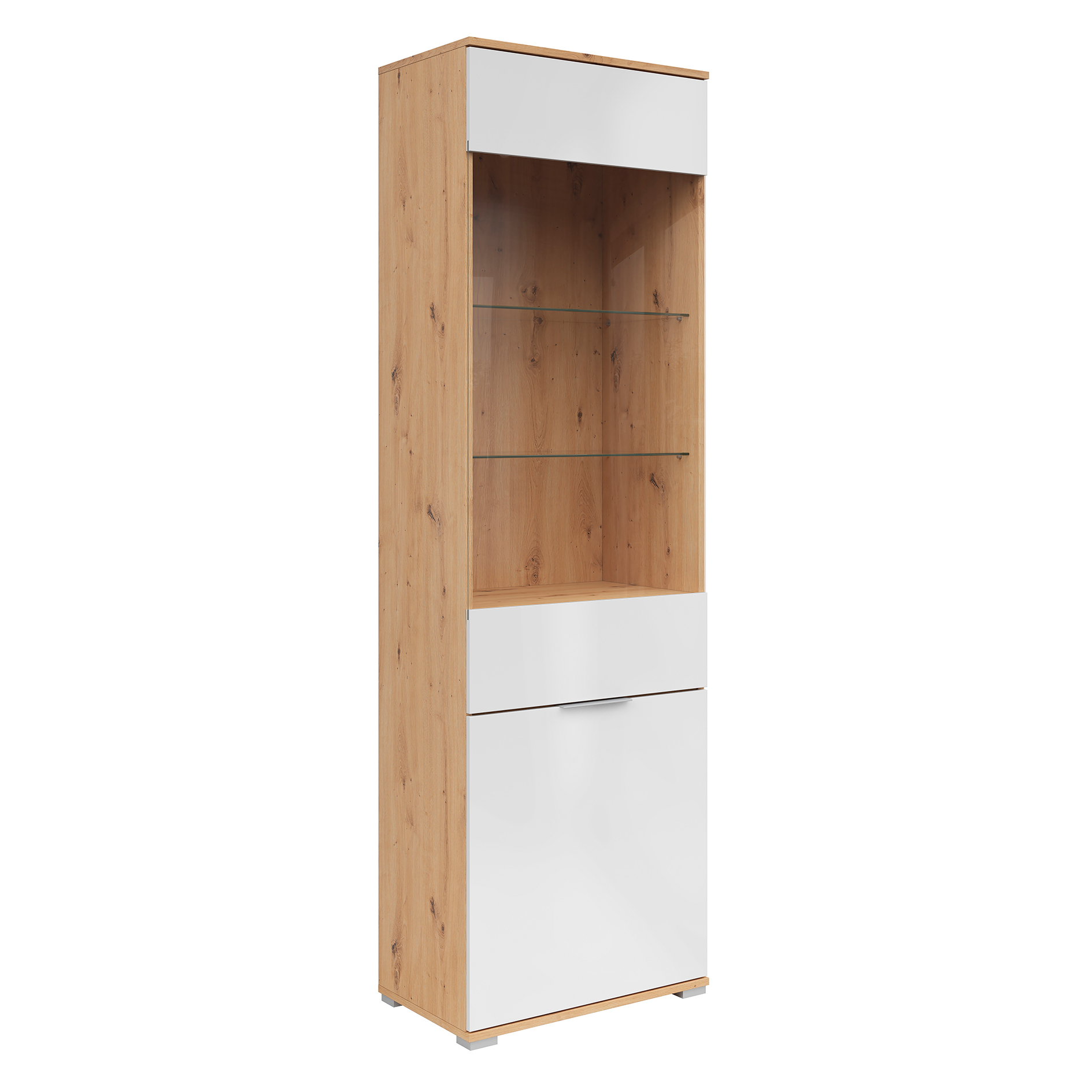 Standvitrine - weiß Glanz - Artisan Eiche - 195 cm hoch