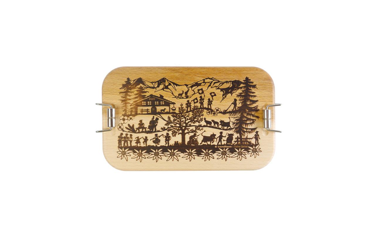 Lunchbox Metall Swiss Tradition Braun, SilberBox mit Holzdeckel