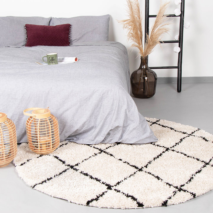 Hoogpolig vloerkleed - Grand Lines Rond Creme/Zwart