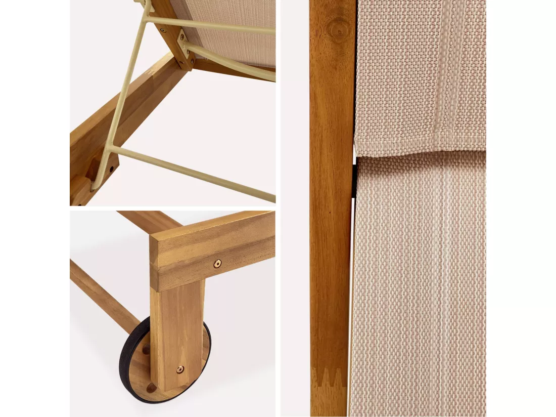 Lot de 2 bains de soleil en bois d'acacia et textilène beige. multi positions avec roulettes