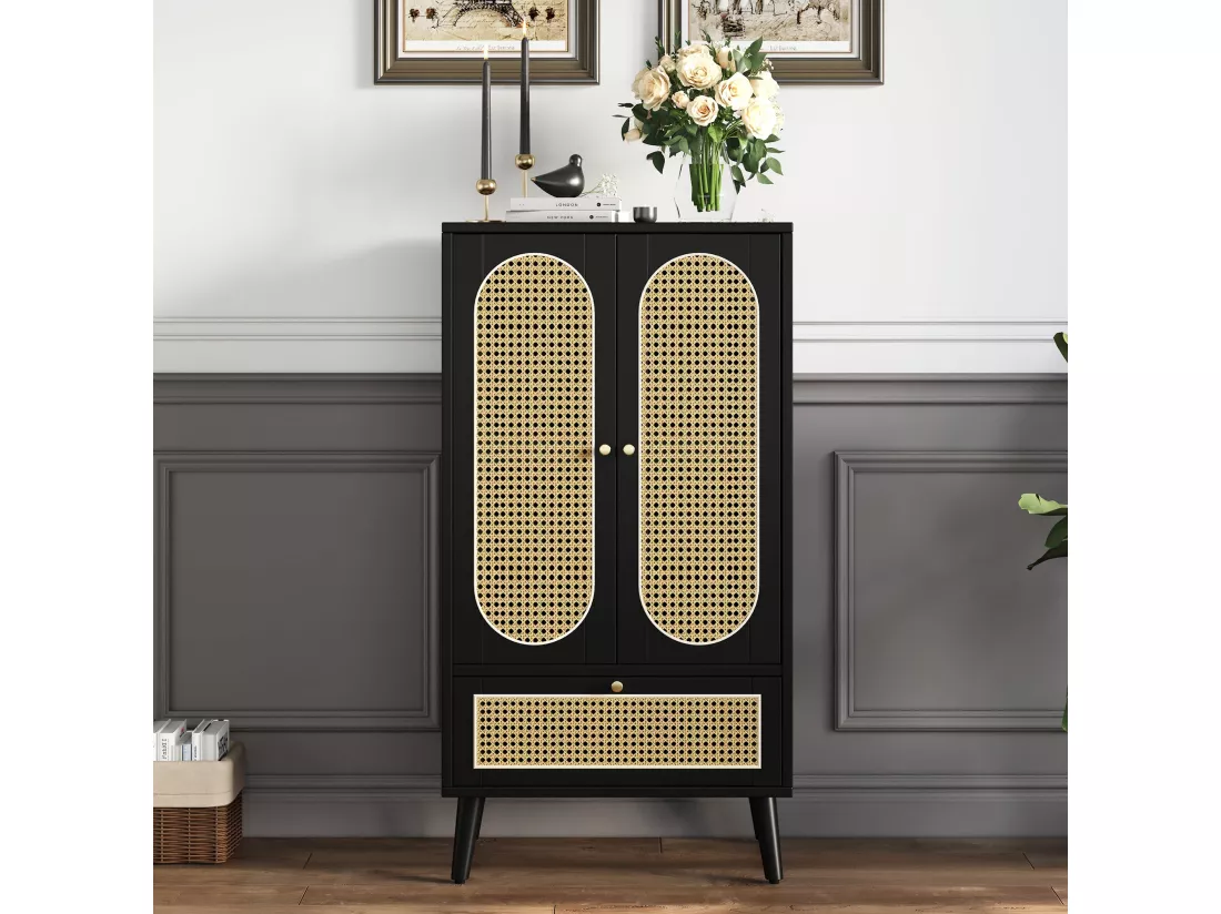 Buffet compact multifonctionnel en rotin noir,d60cm×h110.5cm