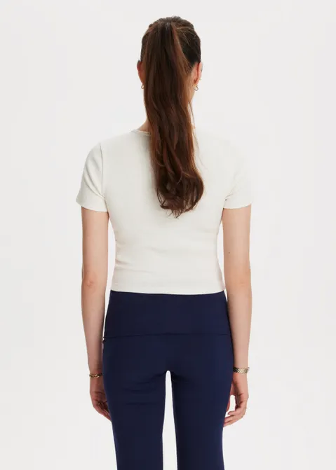 T-shirt met rib en tekst print off-white (WIT.O)