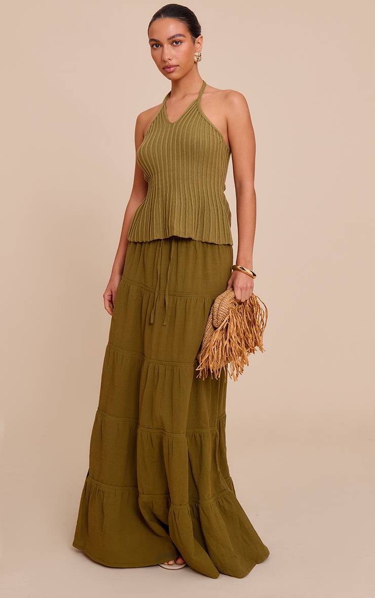 Vert Olive Jupe Longue En Coton À Taille Froncée Avec Cordon De Serrage