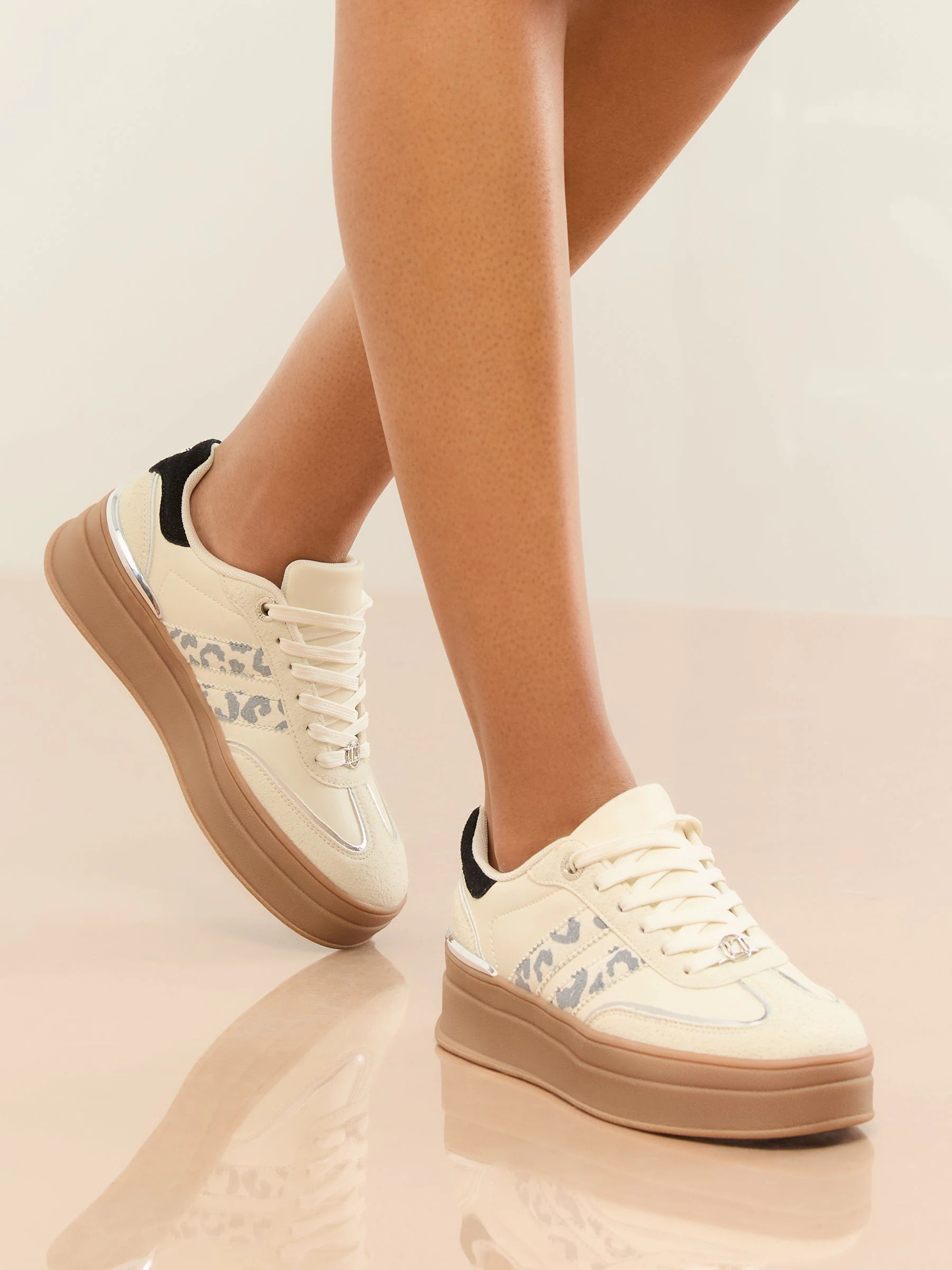 Off White Leopard - Lipsy Print Side Stripe Chunky Gum Sports Trainers