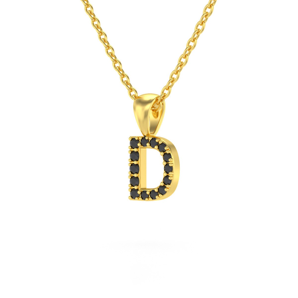 Collier Pendentif ADEN Lettre D Or 750 Jaune Diamant Noir Chaine Or 750 incluse 0.72grs