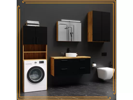 Armoire de salle de bain pour machine à laver et sèche-linge, colonne de rangement pour électroménager en chêne noir.