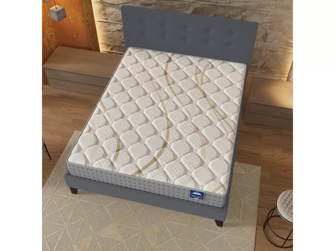 Ensemble Matelas + Lit Avec Tête De Lit 140x190 Cm, Essem 25cm D’épaisseur Mousse Haute Densité