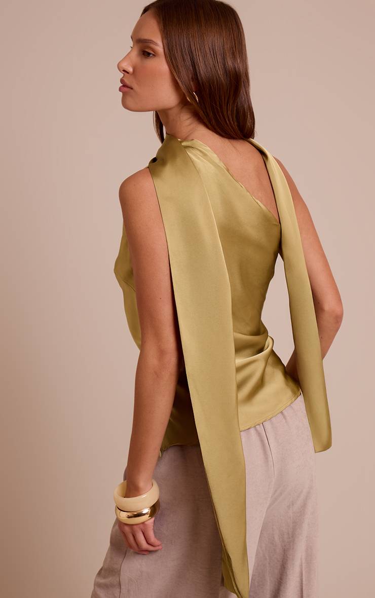 Vert Olive Top En Satin À Détail Foulard Asymétrique