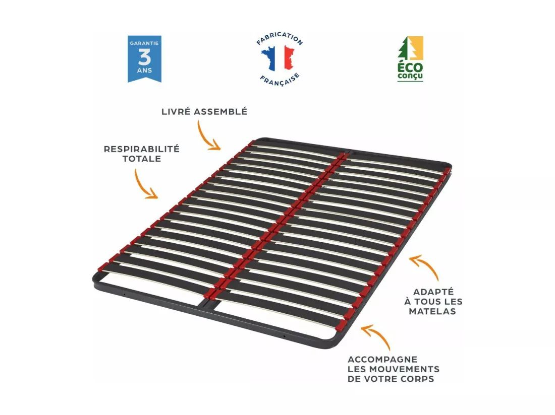Sommier à lattes + pieds 80x190 C39 - 18 lattes bois - Fabrication française
