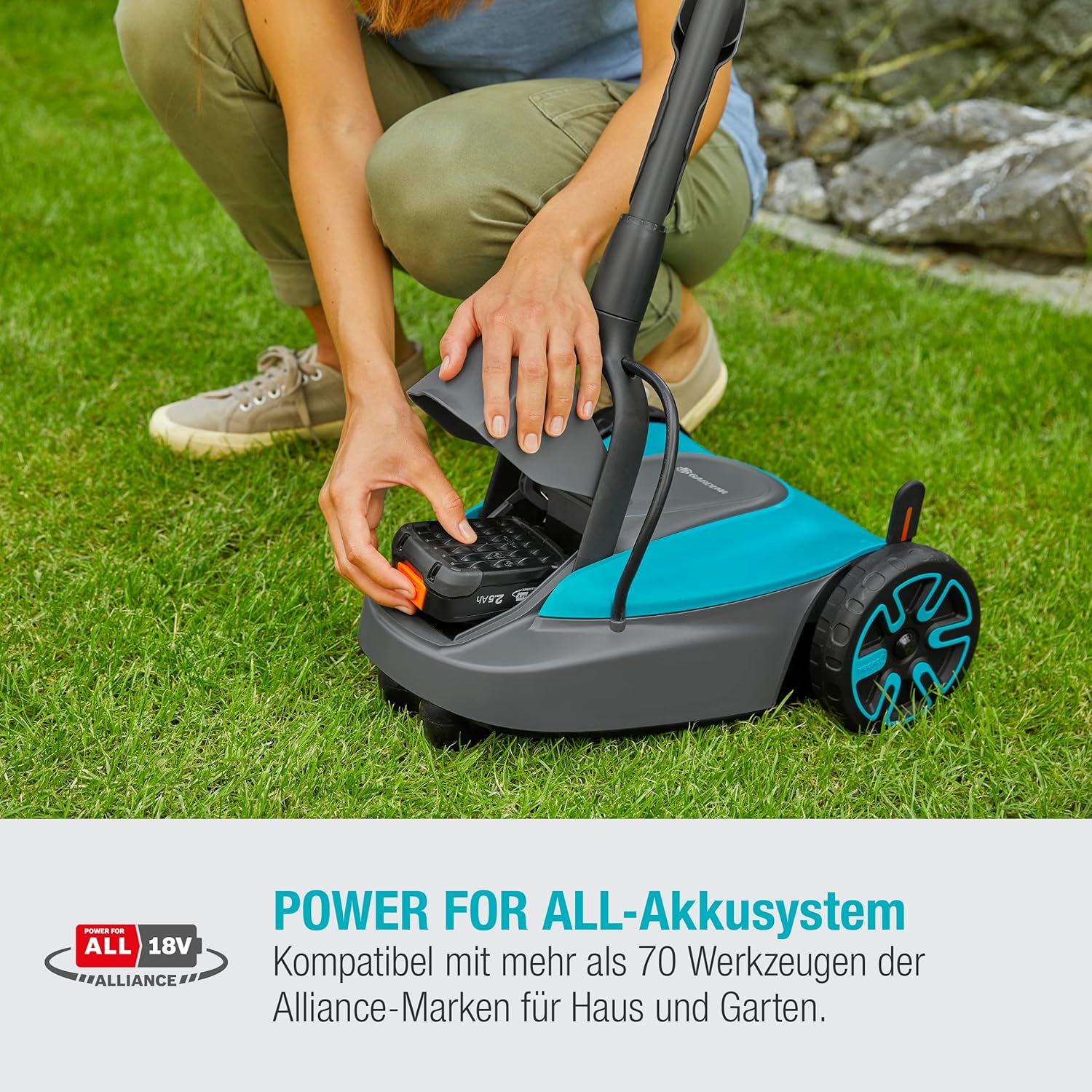Gardena Akku-Rasenmäher HandyMower 22/18V P4A ohne Akku: Handrasenmäher, für Rasenflächen bis zu 50 m², Schnitthöhenverstellbar, Mulchfunktion (14620-55)