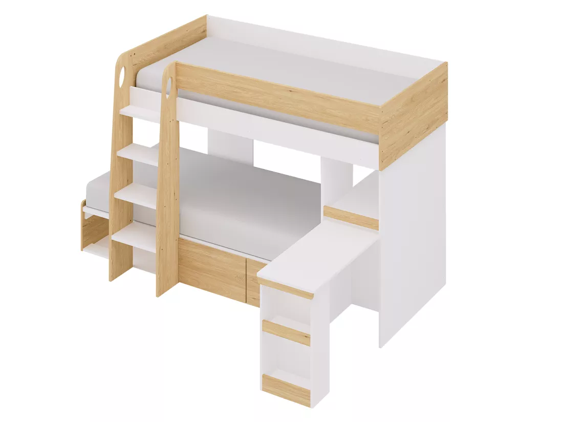 Lits superposés 2 x 90 x 190 cm avec bureau et rangements - Coloris : Naturel et blanc - LOMIDEN