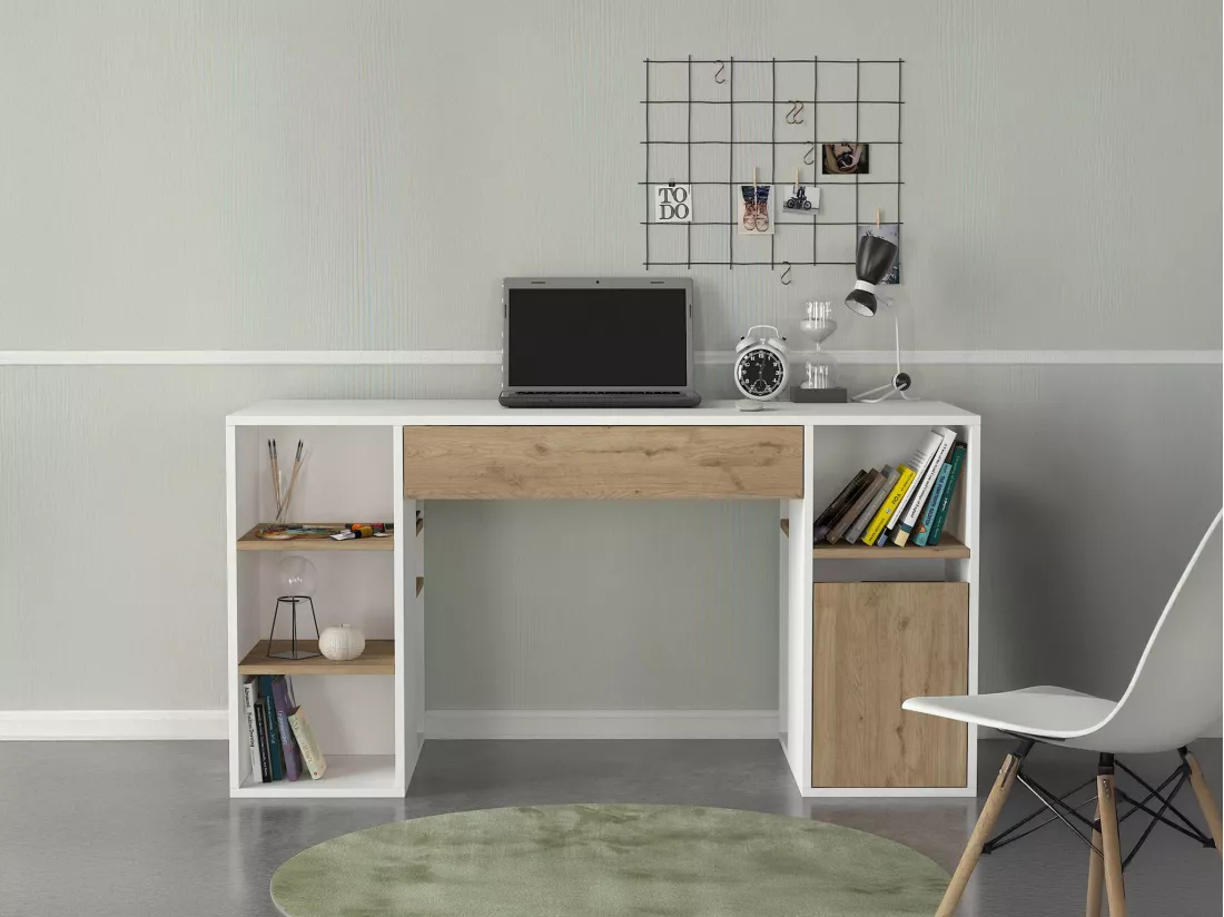 Bureau avec rangements - Blanc et naturel - MELAVA