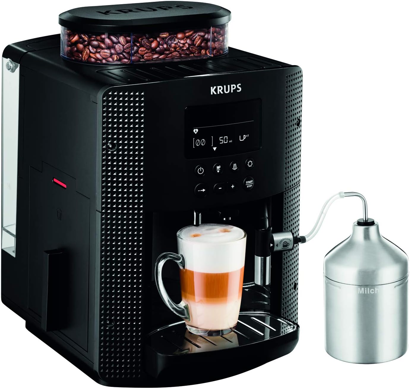 Krups Machine à café grain, 2 expressos simultanés, Ecran LCD, Cafetière espresso compacte, Nettoyage automatique, Buse vapeur pour Cappuccino, Essential noire YY8135FD, Noir