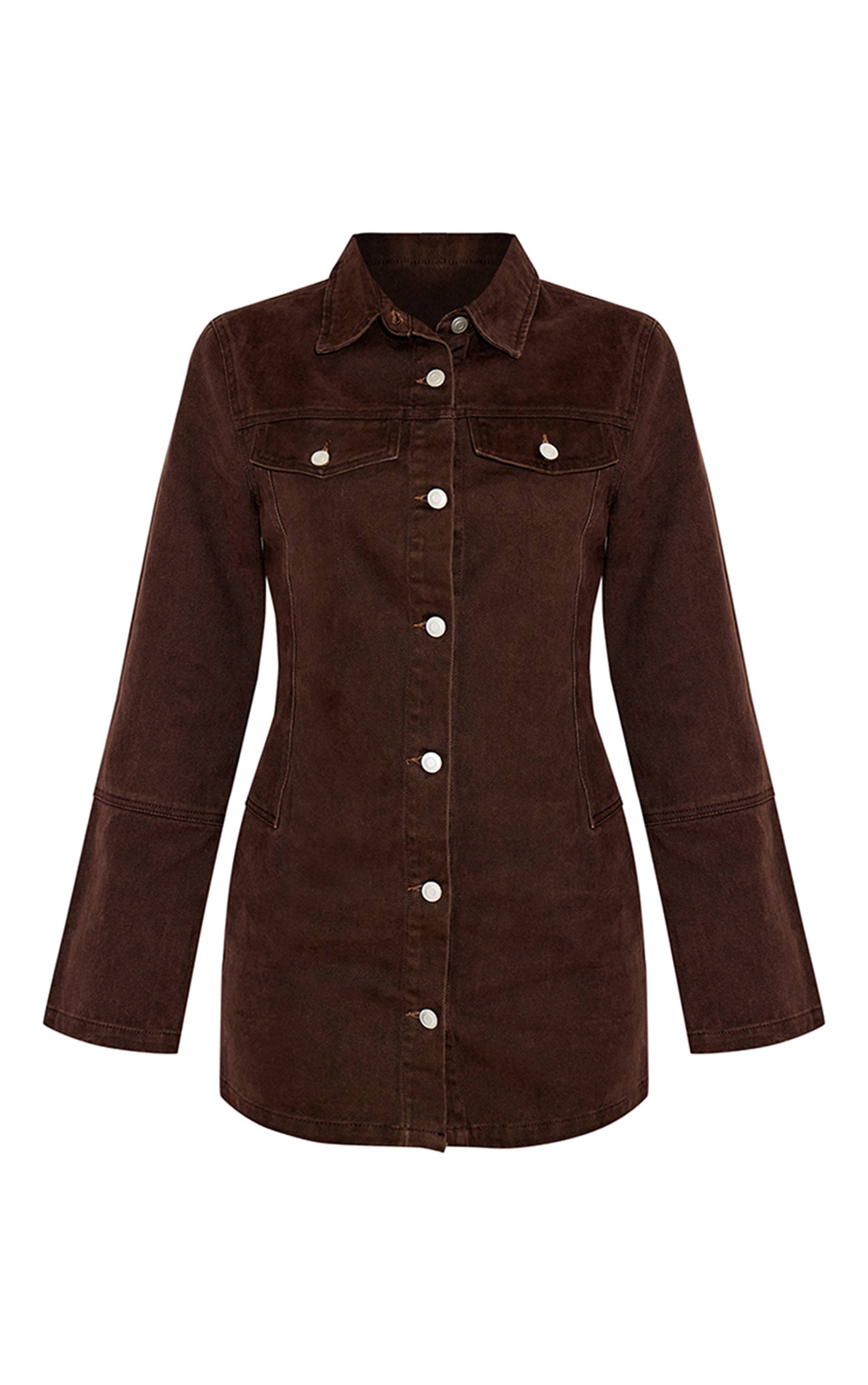Dark Chocolate Robe Chemise En Denim À Manches Longues Avec Détails De Coutures