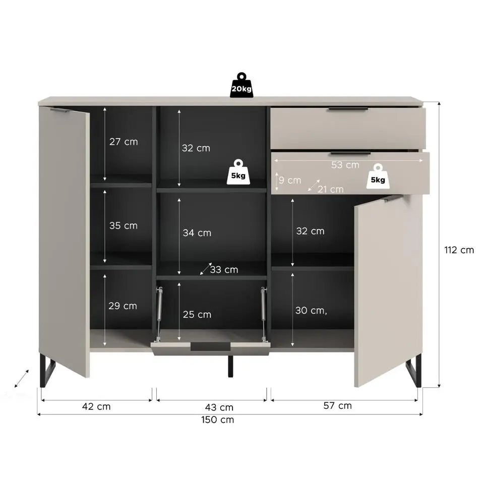 Hioshop Noida dressoir 2 deuren- 1 vouwdeur- 2 lades- 2 planken kasjmier decor