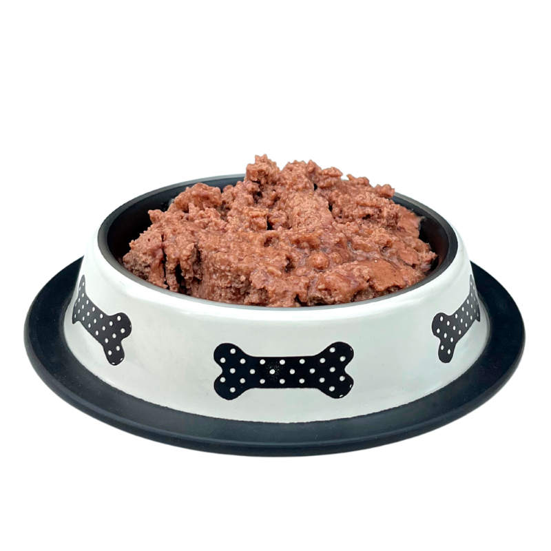 Ração úmida para cães, sem grãos, com sabor de coelho e banana, da marca Barakaldo Vet Shop, em latas de 400g.