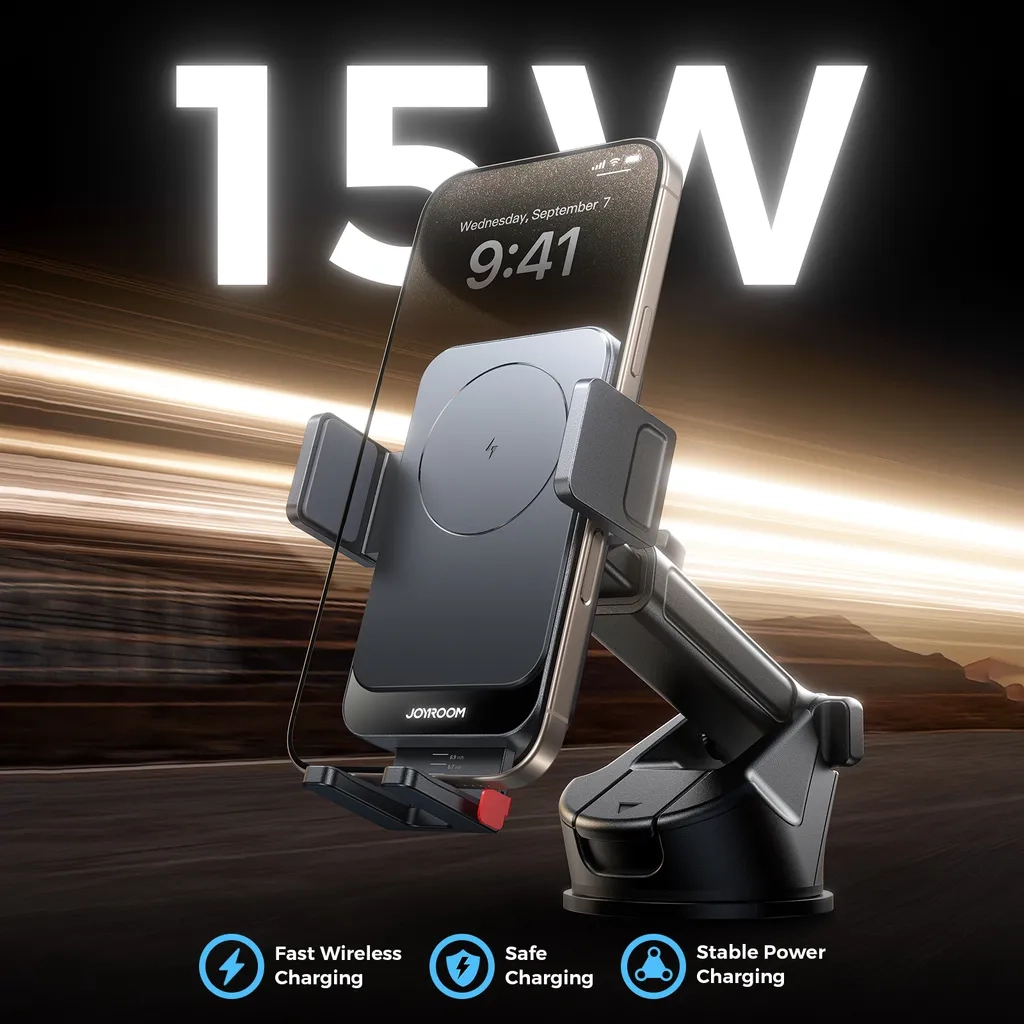 (15W) Qi Wireless Charger Auto KFZ Smartphone Teleskoparm Halterung Ladegerät mit Saugnapf (JR-ZS241S) - Schwarz