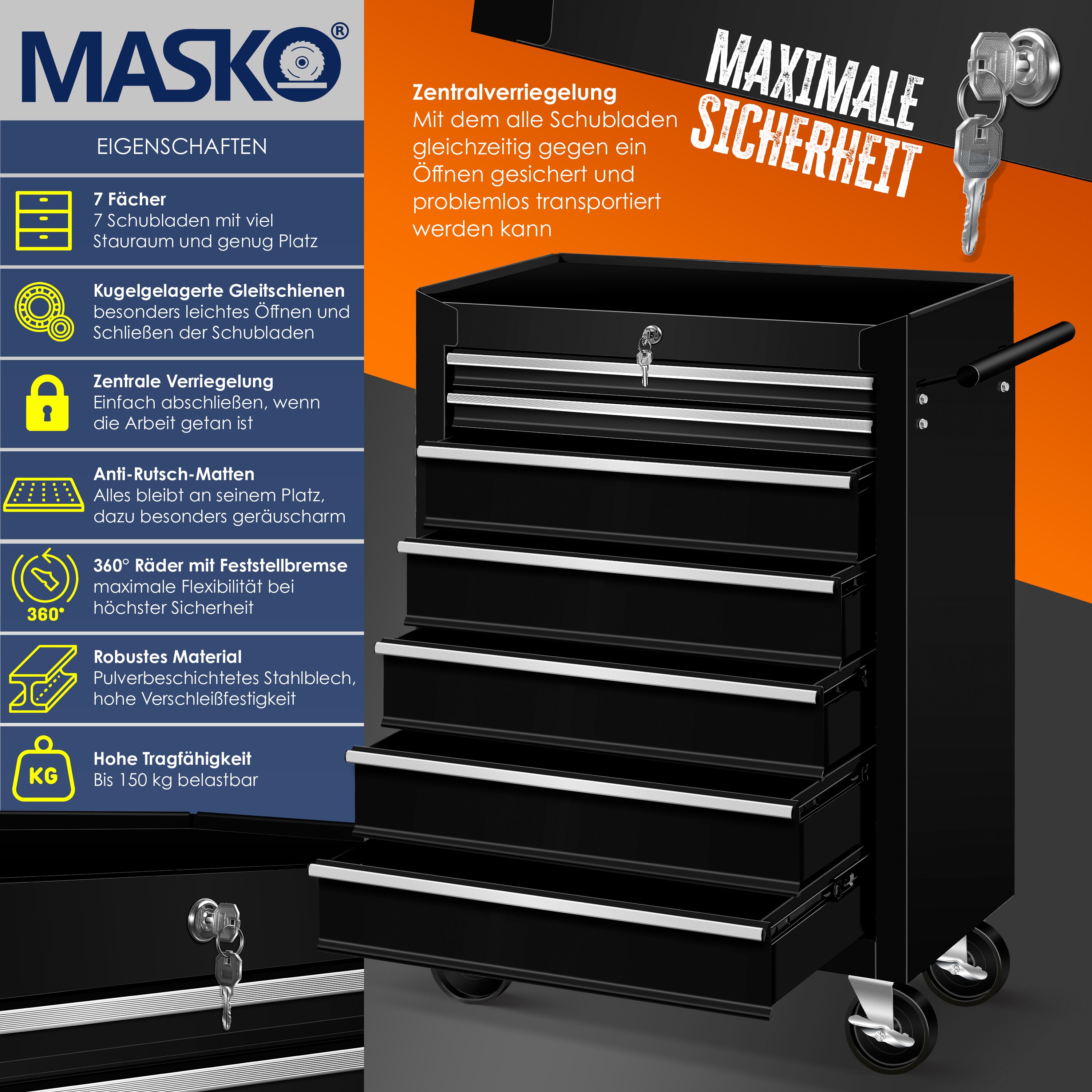 Masko® Werkstattwagen Rollwagen Werkzeugwagen Werkzeugkiste Fächer Toolbox Werkzeug box
