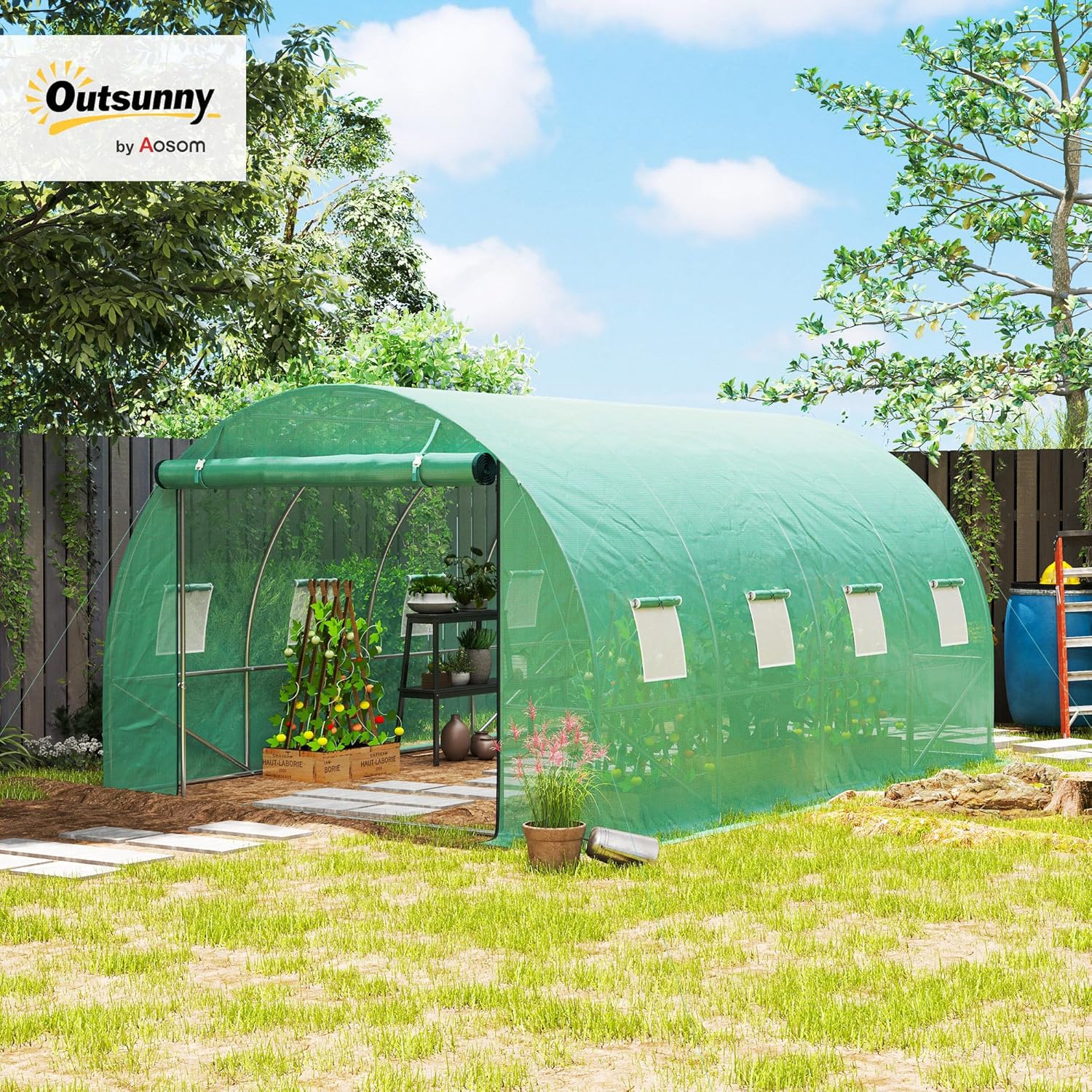 Outsunny Gewächshaus 300x400x200cm Foliengewächshaus Tomatenhaus mit Tür, 8 Fenster, Folientunnel aus verzinktem Stahl, 170g/m² PE, stabiles pflanztunnel, Treibhaus inkl. Erdanker & Seilen, Grün