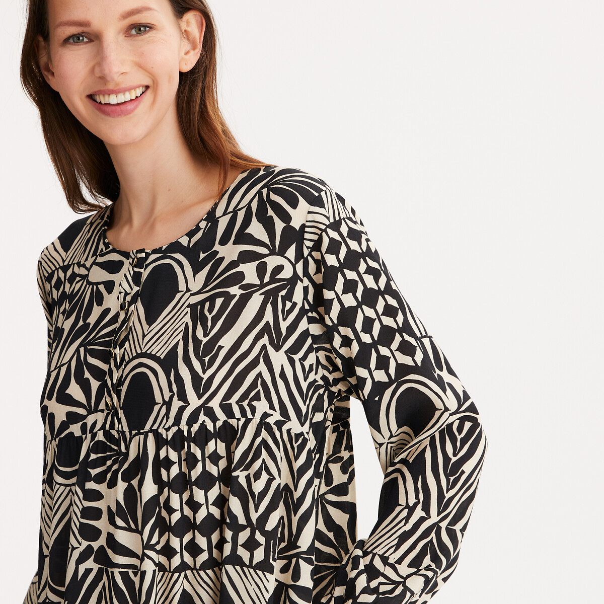 ANNE WEYBURN<br>Vestido com babados, estampa floral abstrata, comprimento midi