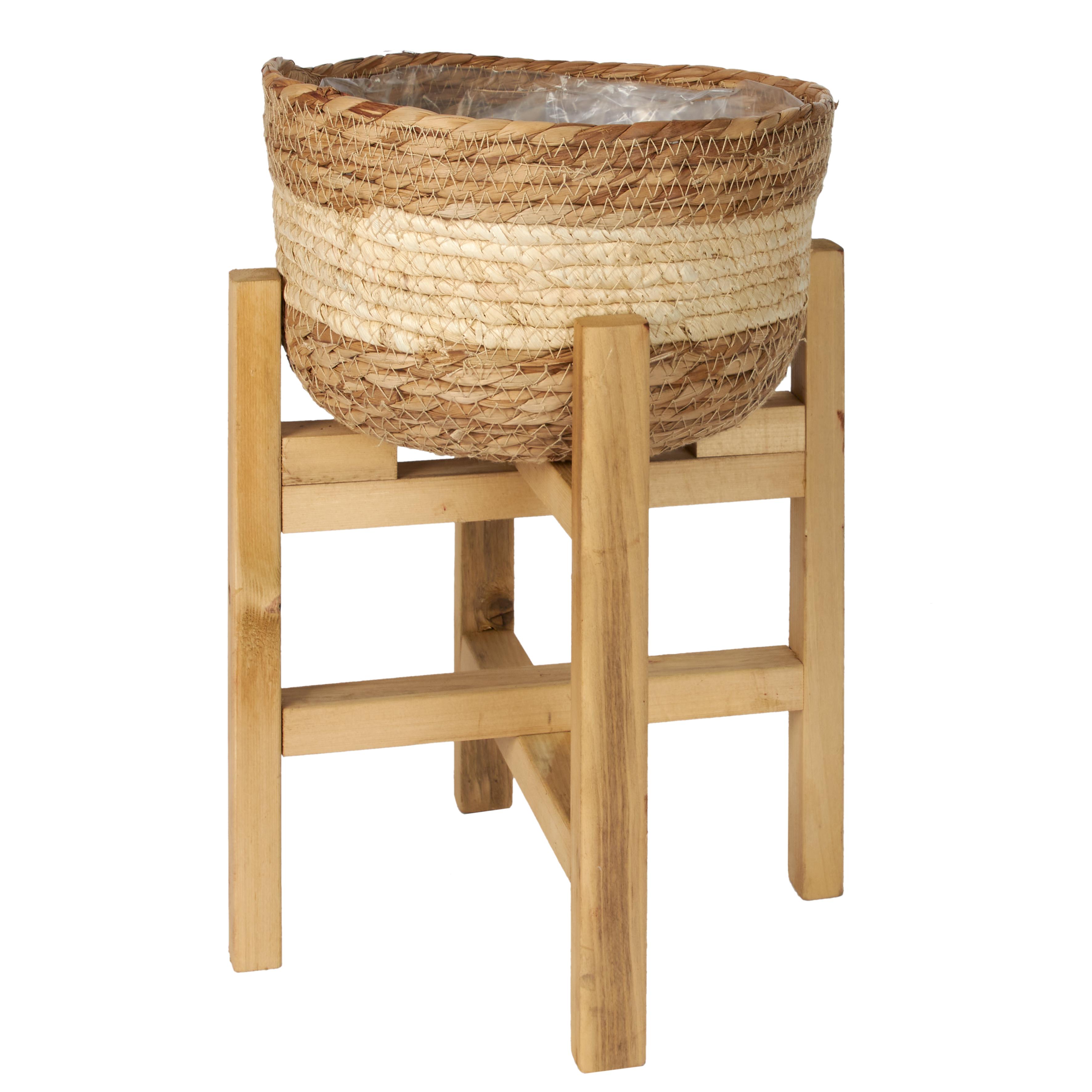 CACHE POT FIBRE VEGETALE SUR PIEDS BOIS H.38CM