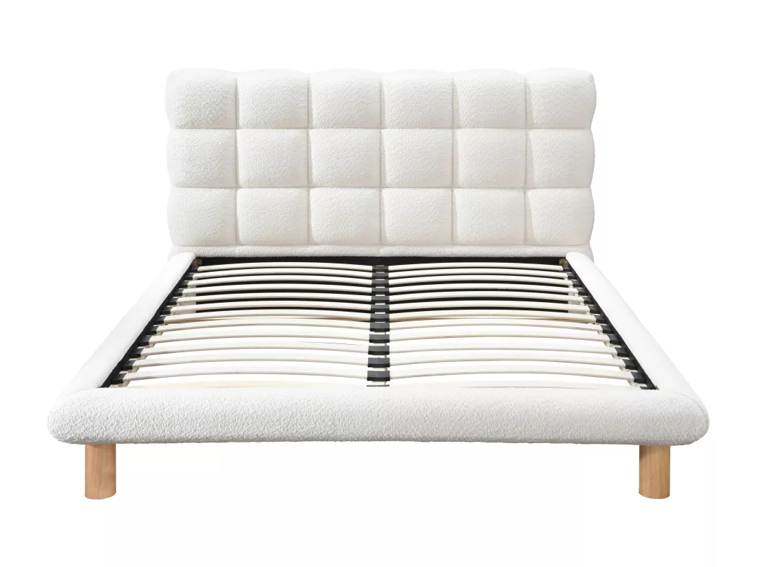 Lit avec tête de lit matelassée 160 x 200 cm - Tissu bouclette - Blanc - FUDALI