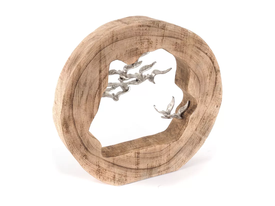 SCULPTURE OISEAUX Bois de mangue, aluminium nature-argent