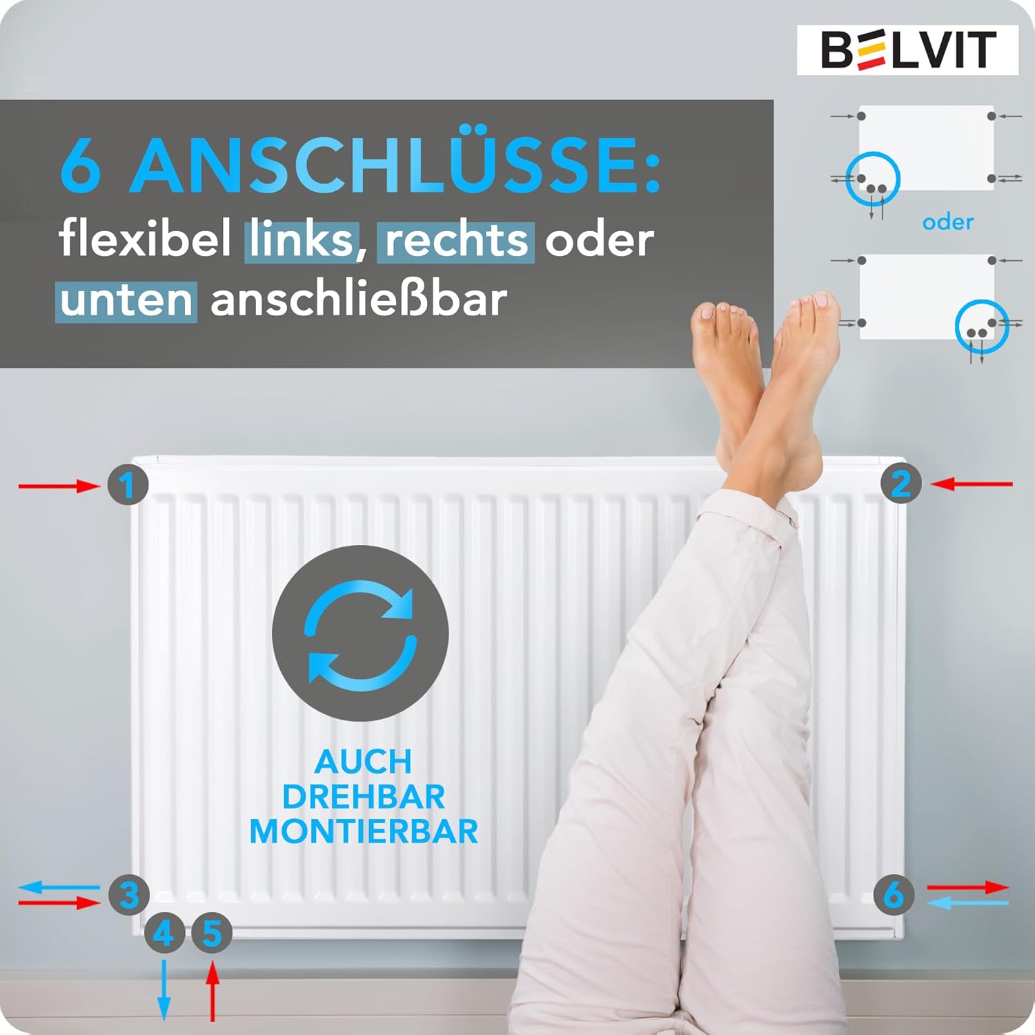 Belvit Universalheizkörper, Flachheizkörper Kompakt - Ventil, 6 Anschlüsse, Typ T22,600x800, Reinweiß RAL 9016, Stahl, DIN EN 442, inklusive Ventil und Wandhalterung, wandhängend