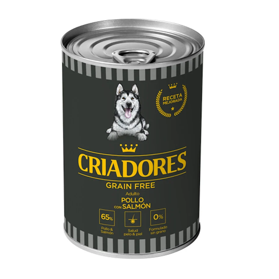 Ração enlatada sem grãos para cães adultos da marca Breeders, com frango e salmão.