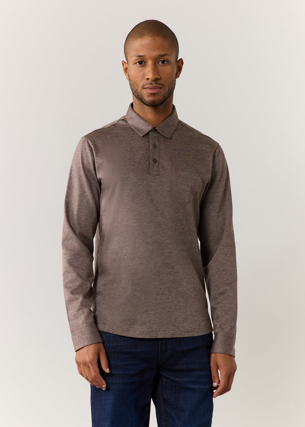 Polo manches longues Slim en coton chocolat à pois