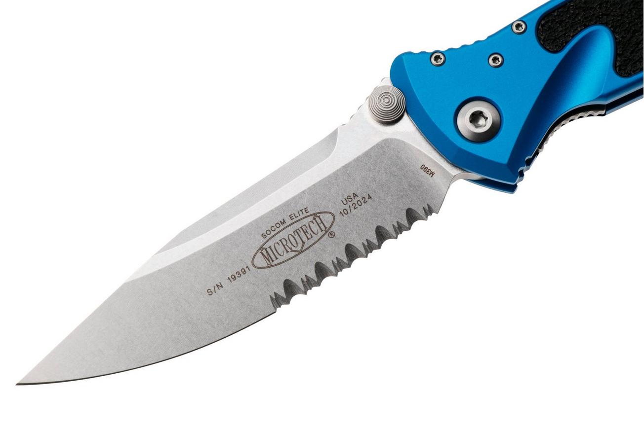 Microtech Socom Elite 160-11BL, Stonewashed M390 Clippoint, Blue Aluminum, partly serrated zakmes