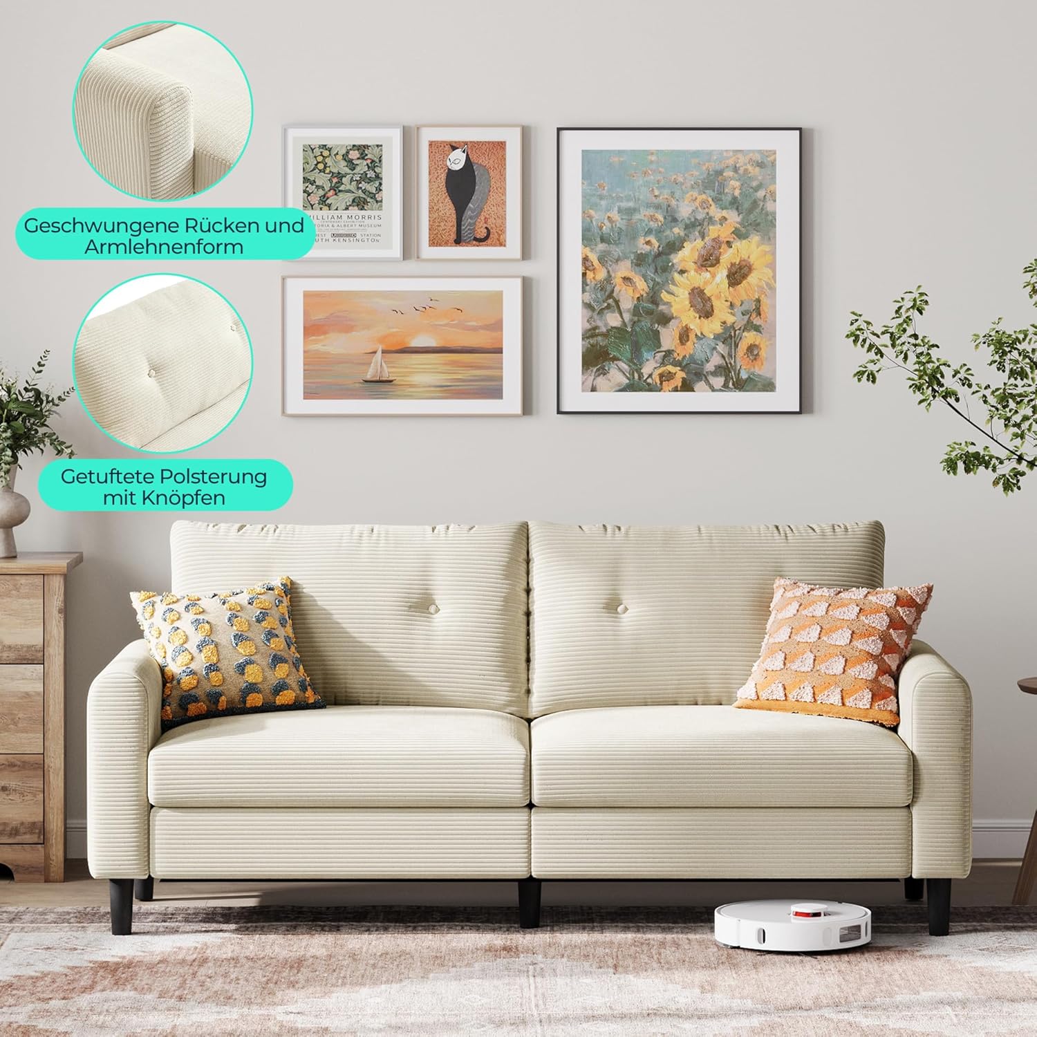 LINSY HOME Sofa 3 Sitzer, 201cm Breit Sofas mit Verstellbarer Sitztiefe, Kleine Sofacouch für Wohnzimmer Schlafzimmer Wohnung Büro
