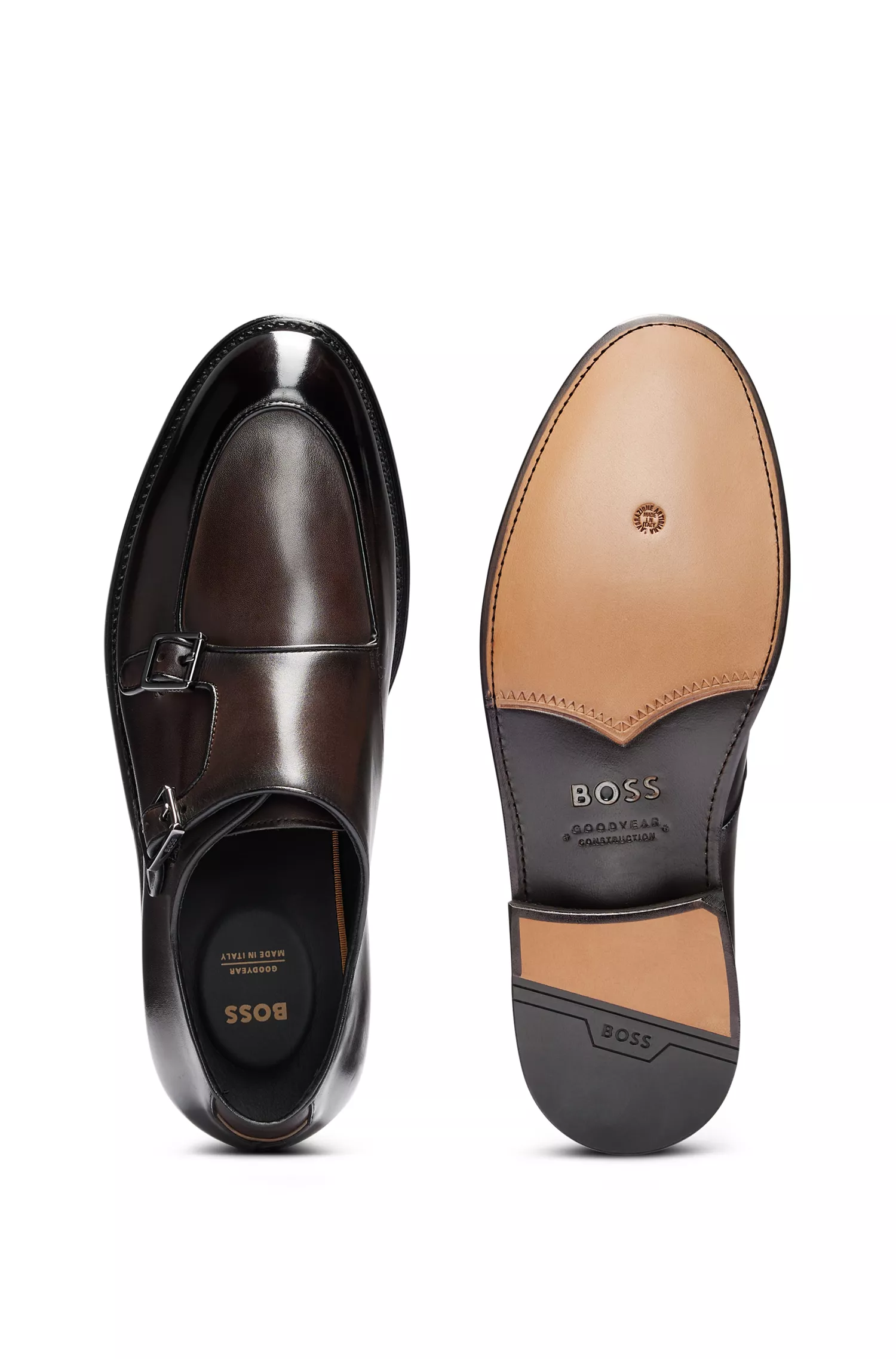 Sapatos BOSS pretos de fivela dupla em couro italiano polido.