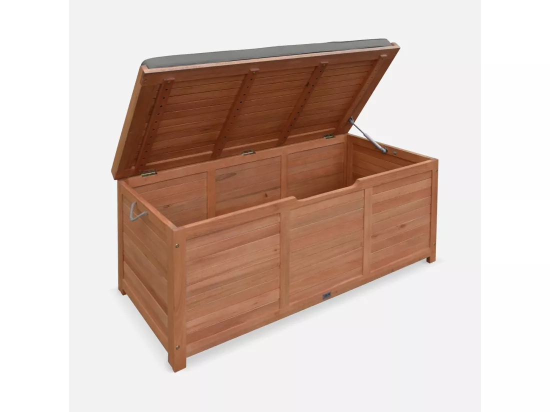 Coffre de jardin en bois 200L - Caja gris- 125x60cm rangement coussins avec 2 vérins et poignées