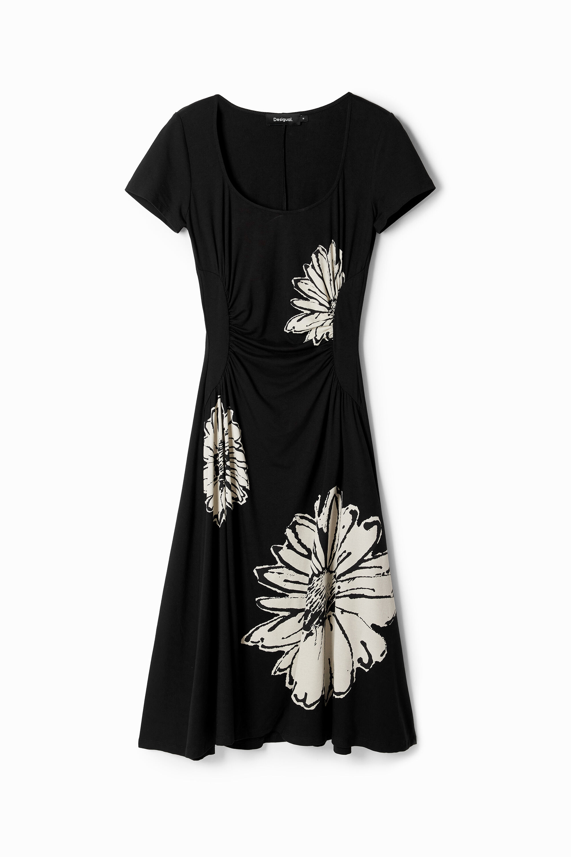 Vestido midi de manga curta com decote e margaridas.