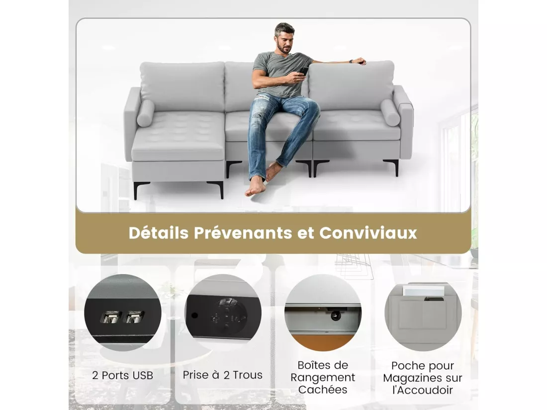 Canapé Convertible à 3 Places, Canapé d'angle en Cuir Aérien avec 2 Ports USB, Gauche ou Droite, 3 Coussins, 2 Traversins, Chaise Longue Moderne pour Salon, Bureau