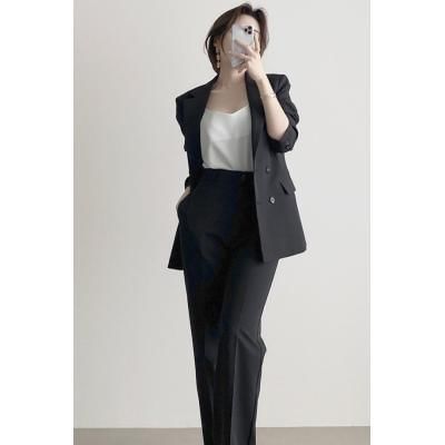 Yilda - Set: Dubbelrijs effen blazer + pantalon