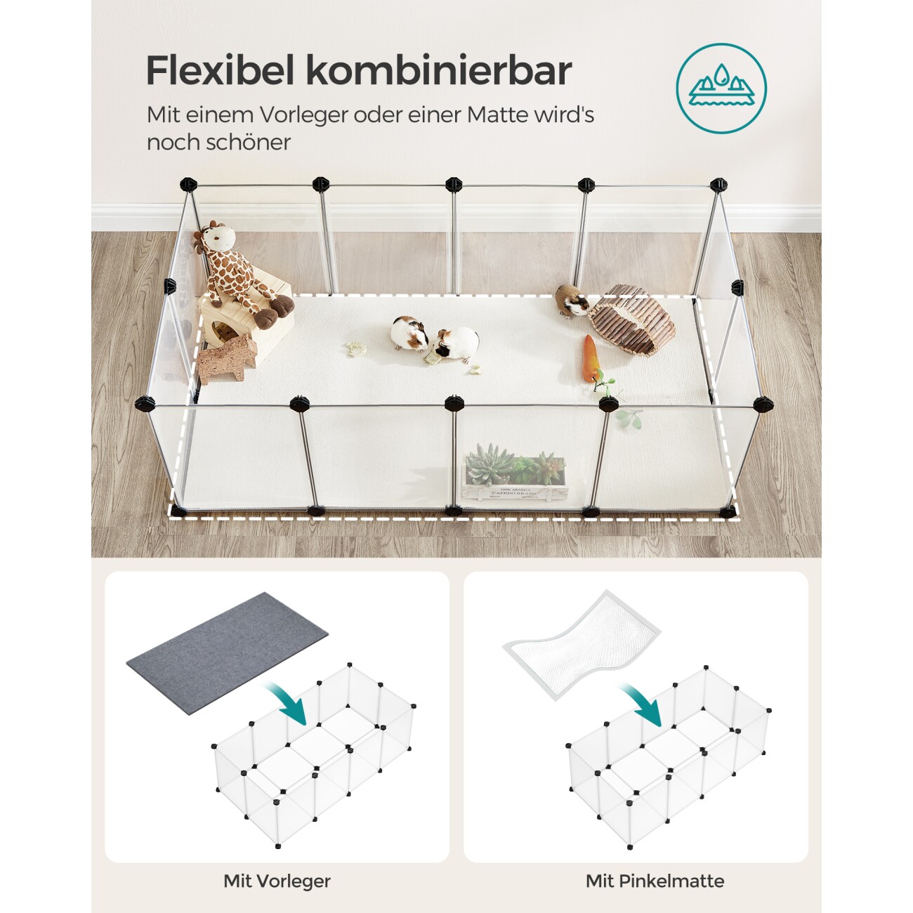 SONGMICS 2er set L-XL Freigehege mit Bodenplatten weiß 1,25 m, 63 cm, 42 cm