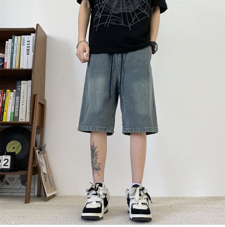 Hushgrain - Denim shorts met trekkoord in de taille en wijde pijpen