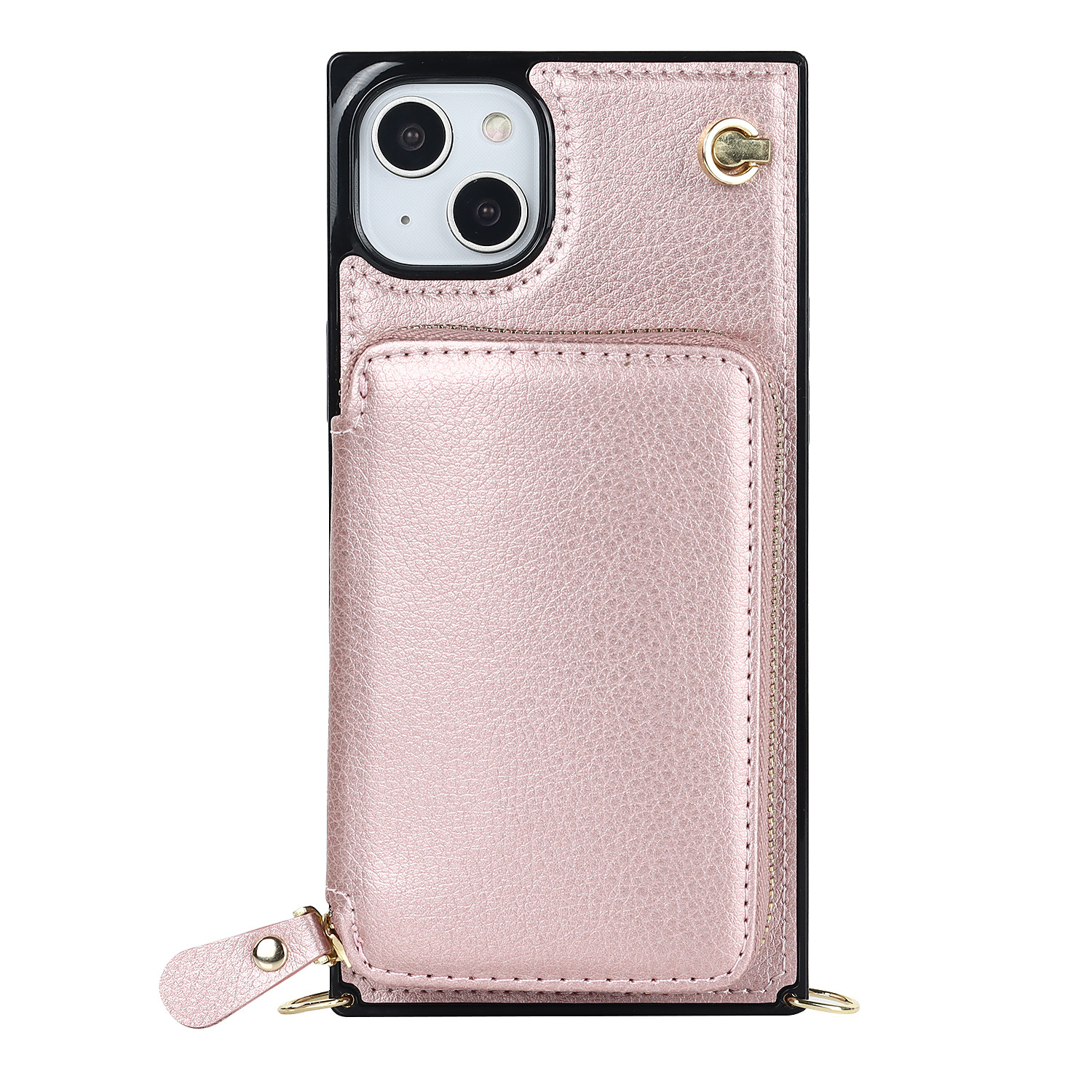 iPhone 14 Necklace Leder Schutz Hülle mit Kartenfächer   Handykette (140cm) - Rosa