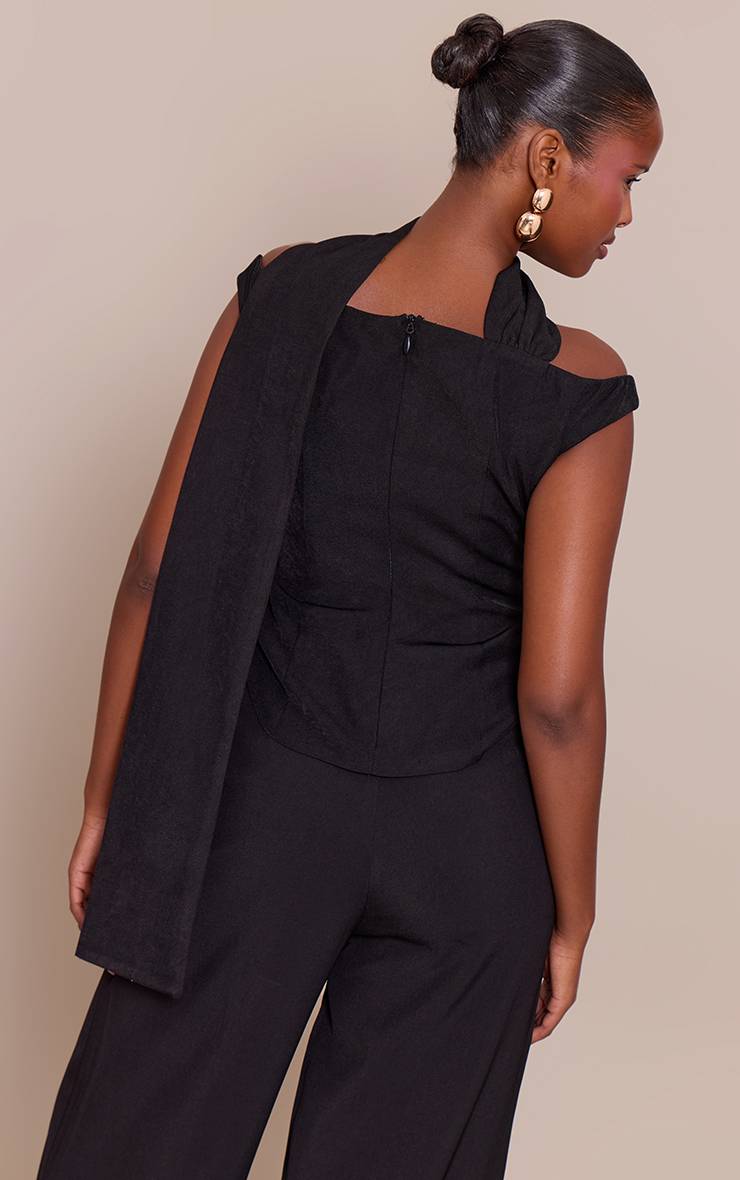 Noir Haut Tissé À Encolure Bardot Avec Foulard Et Ourlet Arrondi