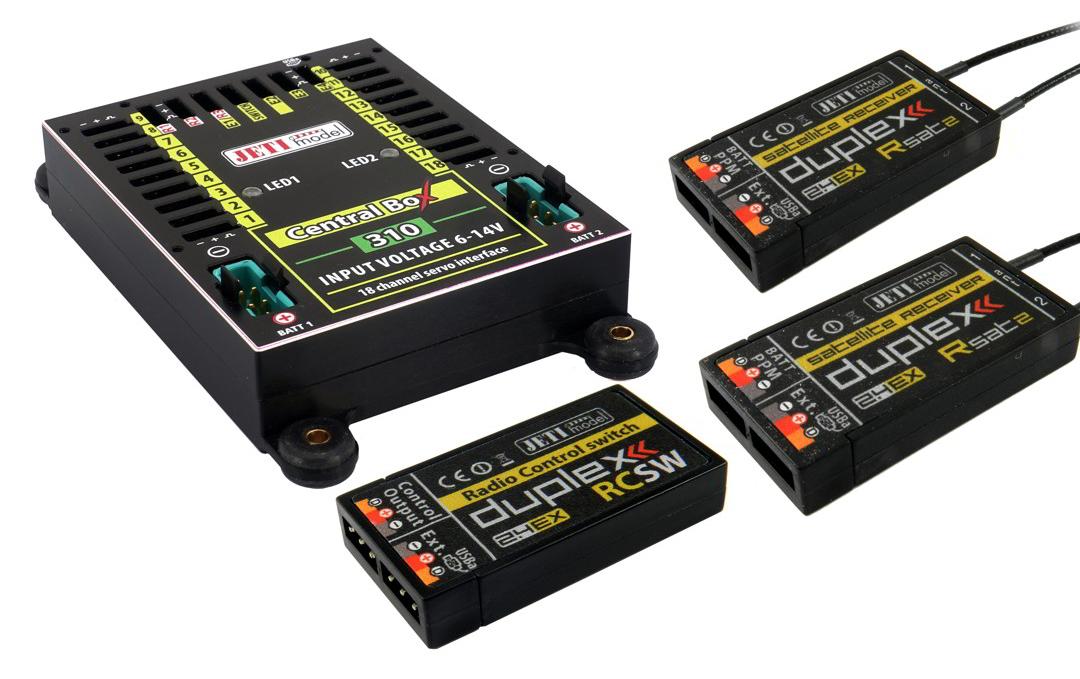 Akkuweiche Central Box 310 mit 2x Rsat2 und RCSW<br>Umfassendes Management mehrerer Servos in einem Modell mit hohen Sicherheitsansprüchen